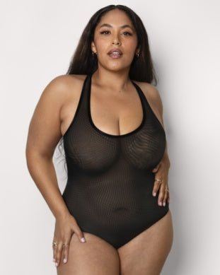 Curvy Couture Sheer Mesh Bodysuit - Black - Petit à Petit Lingerie Boutique#