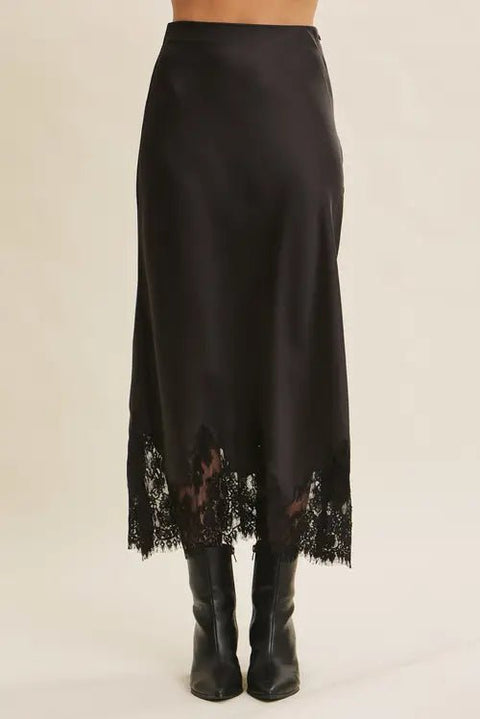 Elegant French Lace Satin Midi Skirt - Black - Simone Chérie Fine Lingerie