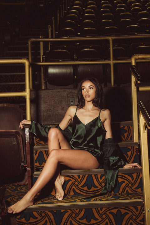 Kilo Bravo Satin Short Robe in Forest Green - Simone Chérie Fine Lingerie